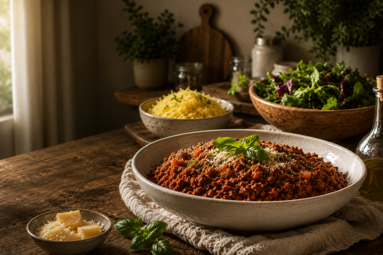 Chef-prepared meal on a rustic table with fresh greens, herbs, and warm kitchen light